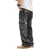 Mens Loose Fit Hip Hop Jeans Casual Cargo Denim Pants with Multi Pockets