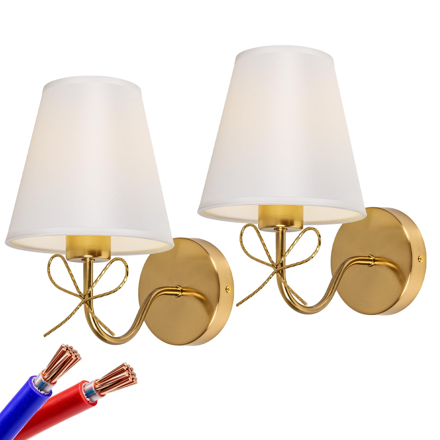 Photo 1 of Mesuz Antique Brass Wall Sconces Set of Two, Bow Sconces Decor Gold Wall Lights Brass Brushed Gold Sconce with Fabric Shade, E26 110V Hardwired Wall Lamps for Girl Bedroom, Living Room, Nursery Room