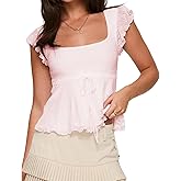 Women Y2K Lace Babydoll Tank Top Square Neck Cap Sleeve Peplum Shirt Slim Fit Jacquard Tie Bow Front T-Shirt Blouse