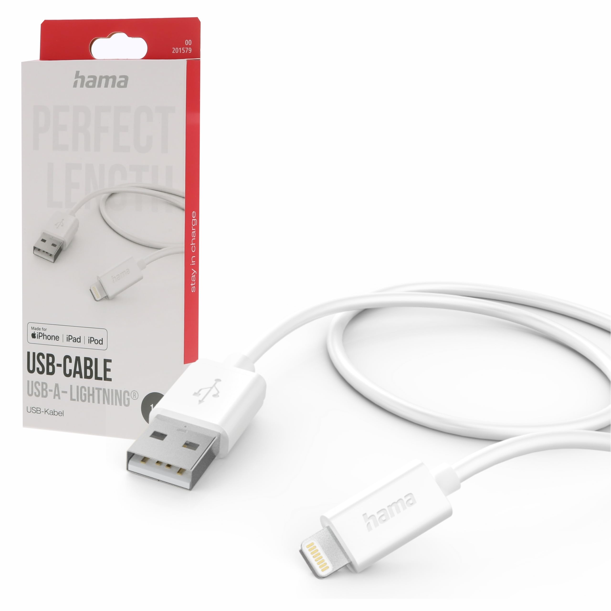 Hama USB A Lightning Charger Cable 1 Metre White