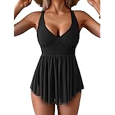 Aidonger Women's One Piece Swim Dress Swimsuit Tummy Control Mesh Swimdress V Neck Bathing Suit Skirt Tie Back Swimwear