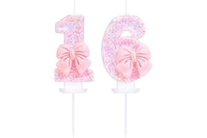 EAKE Number 16 Candle Pink Sequins and Bowtie 16th Cake Topper, 16 Birthday Candle for Girls Pastel Sweet Theme Birthday Part