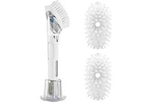 RIMAY Dish Brush with Soap Dispenser Storage Set, Soap Dispensing Dish Brush with 2 Pcs Brush Refills & Holder, Kitchen Dish Washing Wand with Handle for Dishes/Pans/Pots/Sink (White)