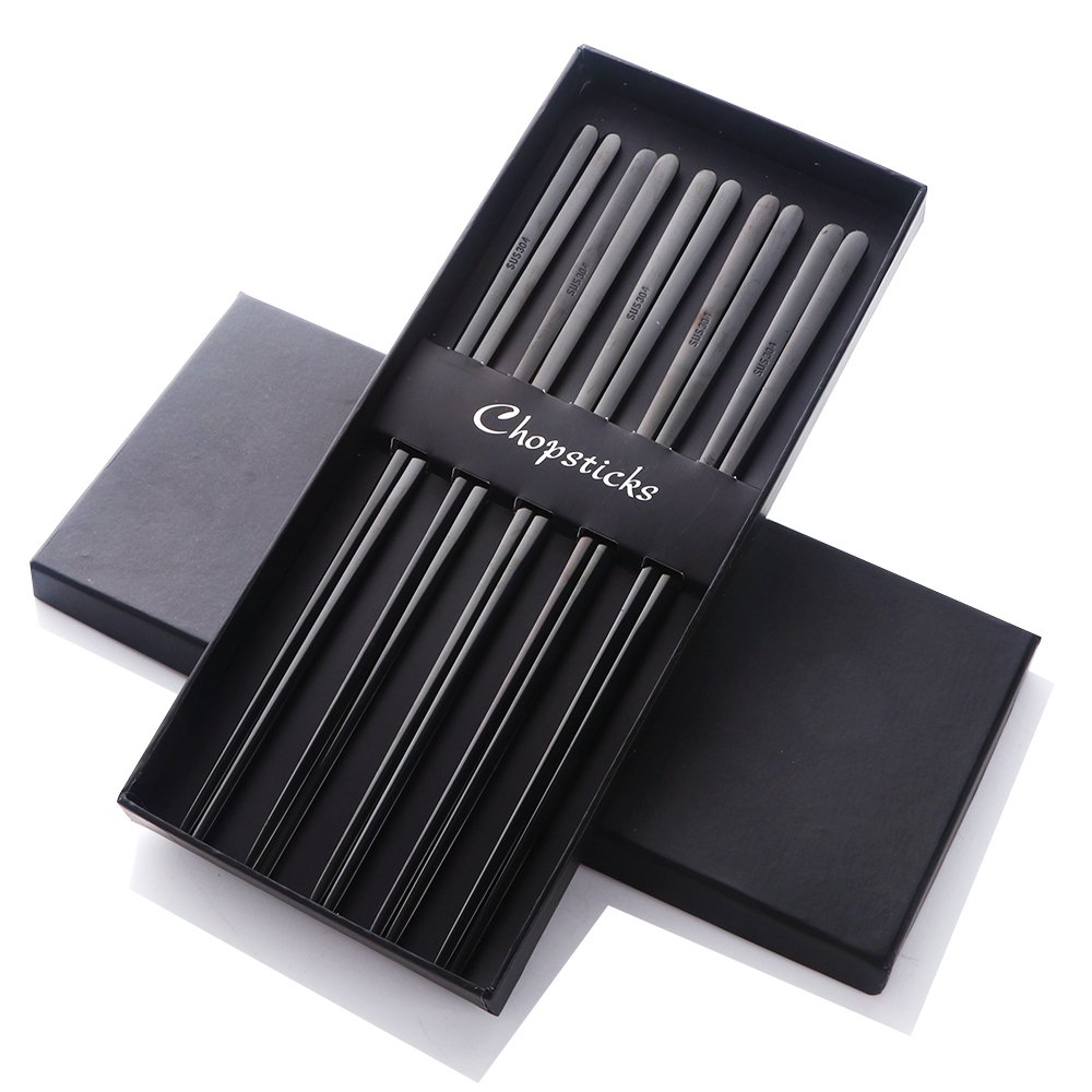 Buyer Star 5 Pairs Chopsticks, Black Stainless Steel Korean Chopsticks 304 Metal Reusable 23cm Luxury Chopsticks Tableware Set