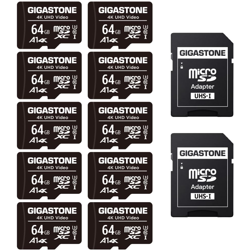GIGASTONE 64GB 10-Pack Micro SD Card, 4K UHD Video, Surveillance Security Cam Action Camera Drone Professional, 90MB/s Micro SDXC UHS-I A1 Class 10