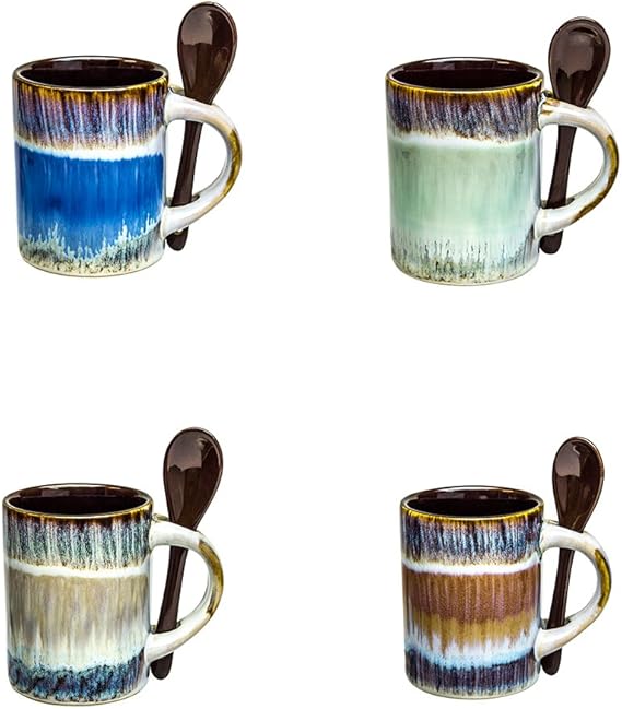 Mugs Coffee Espresso Cups Set of 4 Glazed mugs set with spoons Handmade Ceramic