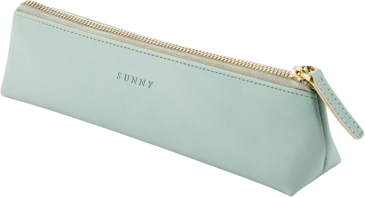 Fyore Luxury PU Leather Pencil Case Slim Design with Metallic Zipper Pocket Size for Pen Make Up Brush (Green)