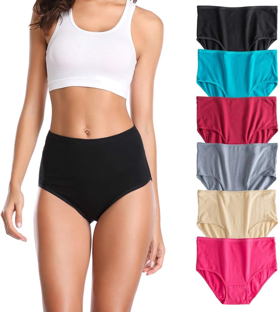 U Angela Women's Cotton Underwear High Waist Panties Plus Size Briefs Panty -6 Pack