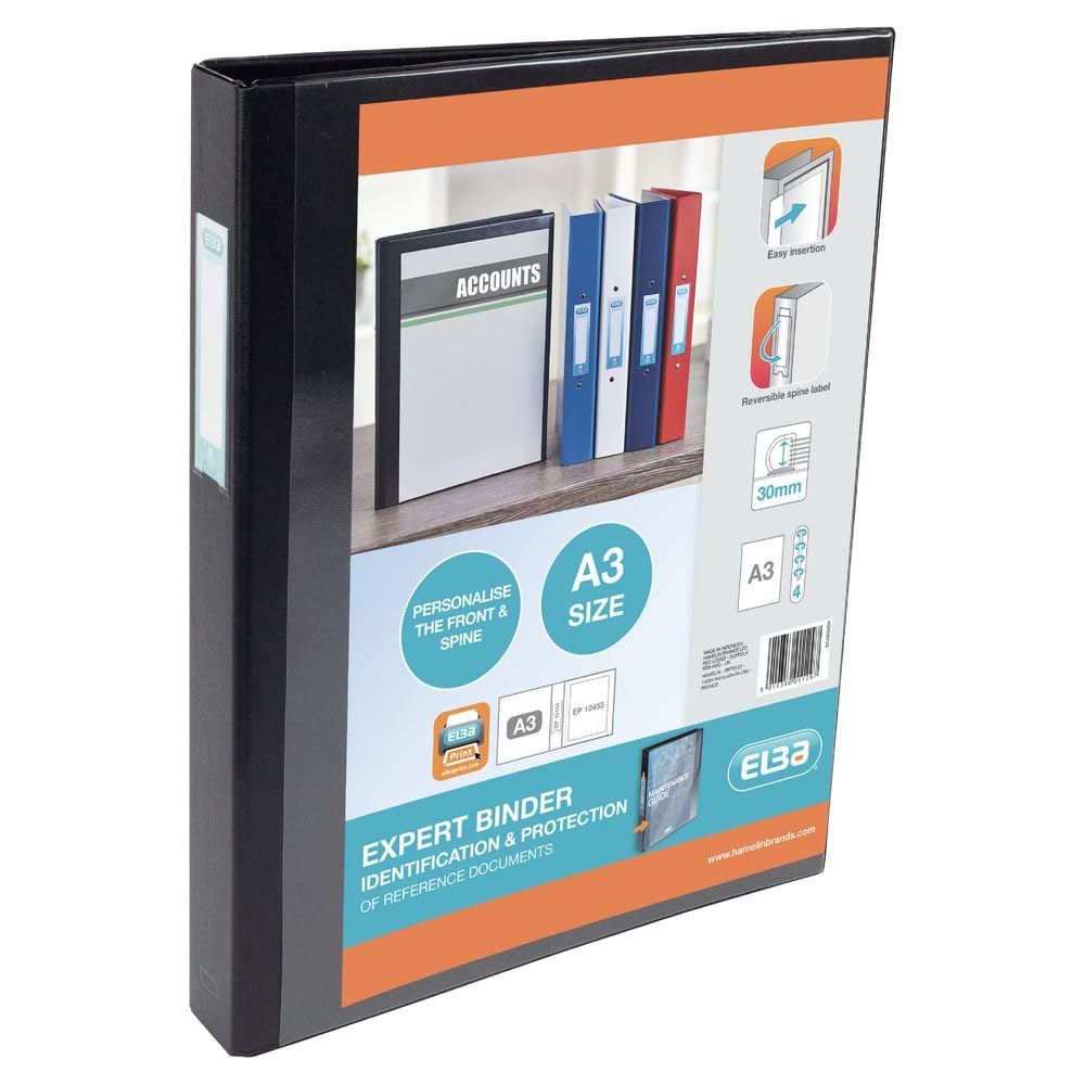 Elba A3 4 D-Ring Binder, 30mm capacity, 35mm spine, Presentation Folder with Customisable Cover, Portrait, Black (Single)