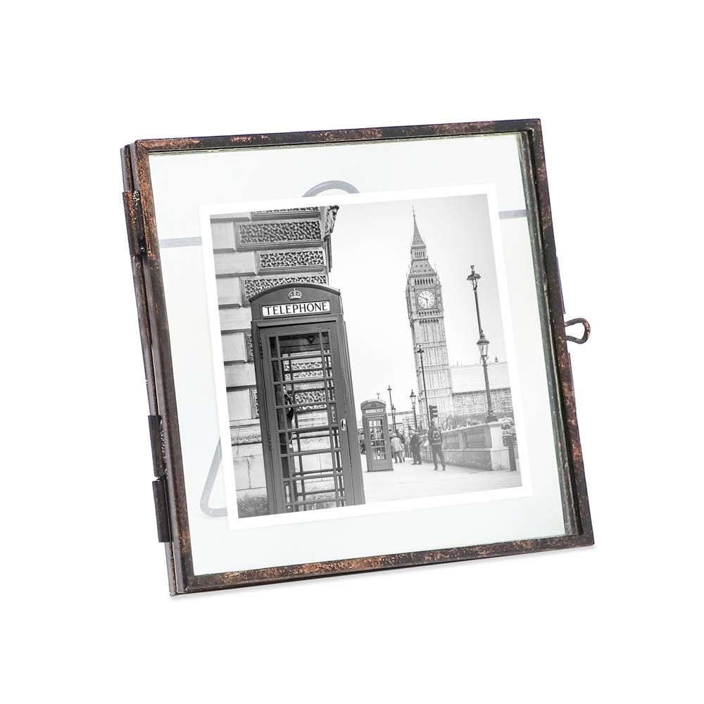 Isaac Jacobs 4x4, Antique Bronze, Vintage Style Brass and Glass, Metal Floating Picture Frame with Locket Closure, for Photos, Art, & More, Tabletop Display (4x4 Antique Bronze)