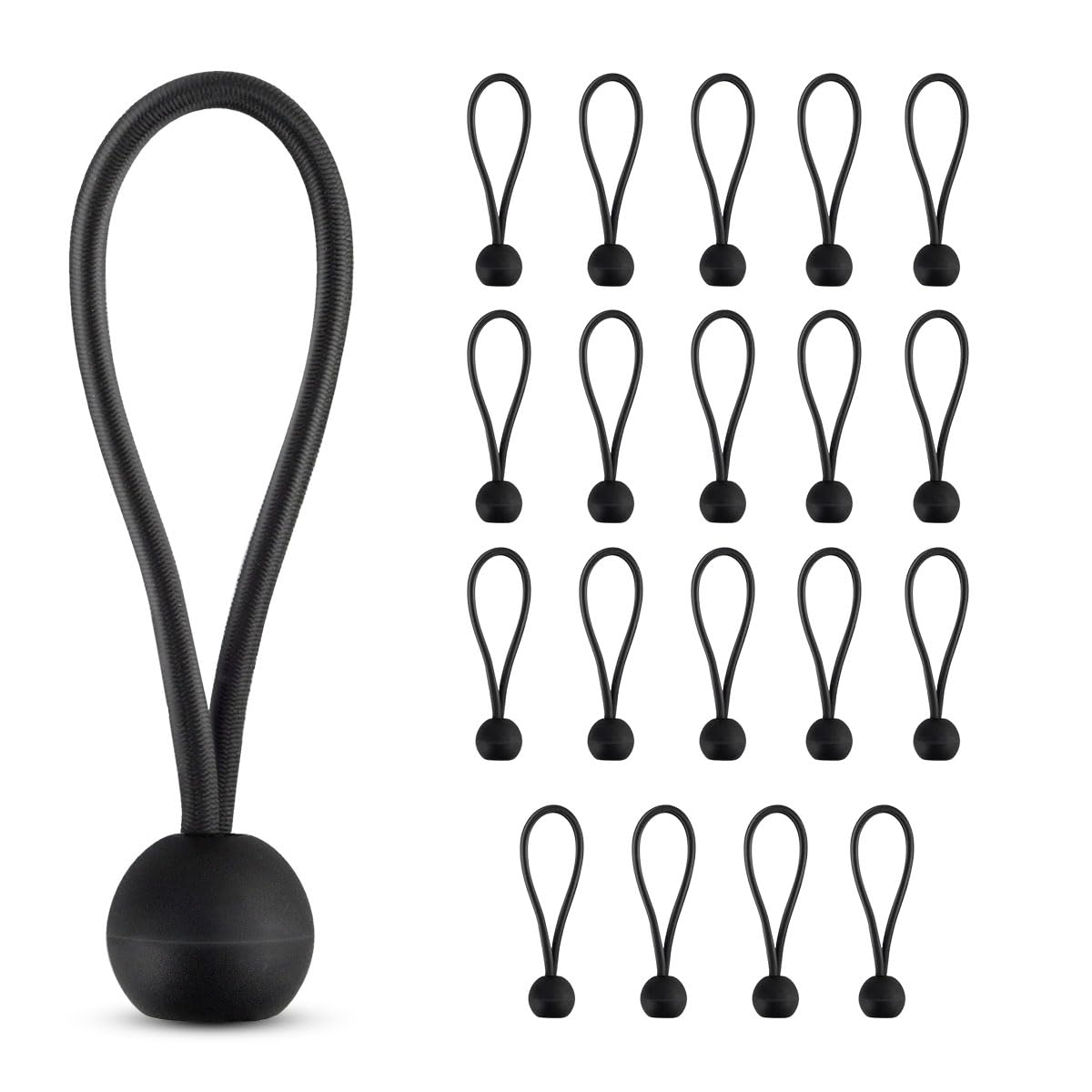 Photo 1 of 20 Pack Bungee Balls Cords Black Bungee Cord with Ball Heavy Duty Elastic Tarp Bungee Cords 4 Inch Bungee Balls Ties Tie Down Straps for Camping Canopy Shelter Tent Poles Cargo Outdoor UV Resistant