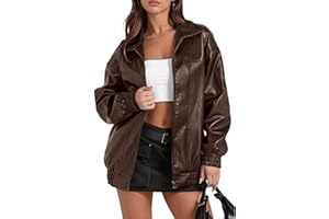 Sexyshine Women's Oversized Faux Leather Jacket Lapel Collar Zip Up Long Sleeve PU Leather Coat Motorcycle Bomber Overcoat
