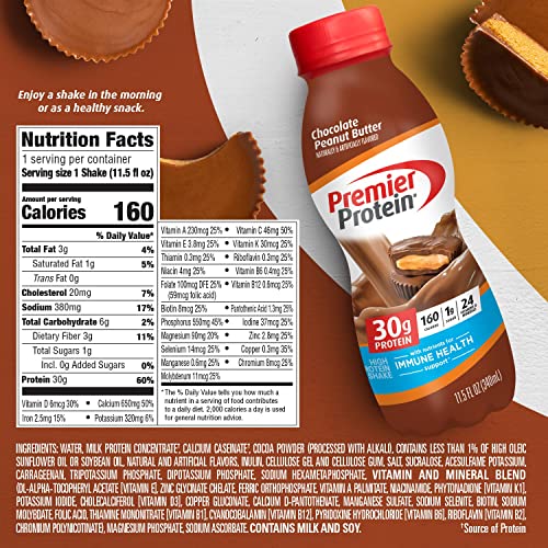 PREMIER PROTEIN SHAKE, CHOCOLATE PEANUT BUTTER, 30G PROTEIN, NO ADDED SUGAR, 24 VITAMINS & MINERALS TO SUPPORT IMMUNE HEALTH, 11.5 FL OZ, 1 PACK