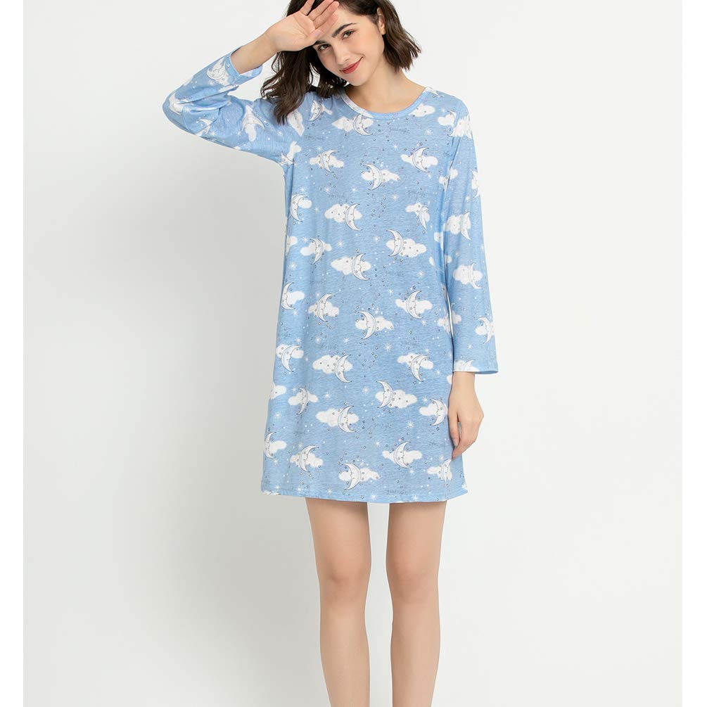 ENJOYNIGHT Women\'s Cotton Sleepwear Long Sleeves Nightgown Print Tee Sleep Dress (Large, Moon)