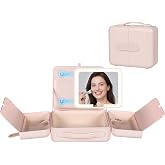 BEAUTY CASE Makeup Case with LED Light &amp; Magnetic Mirror, 12 Inch Portable Travel Cosmetic Organizer Bag with 3 Partitions, Rechargeable, Large Capacity, Bright Lighting, Gift for Women Girls, Pink