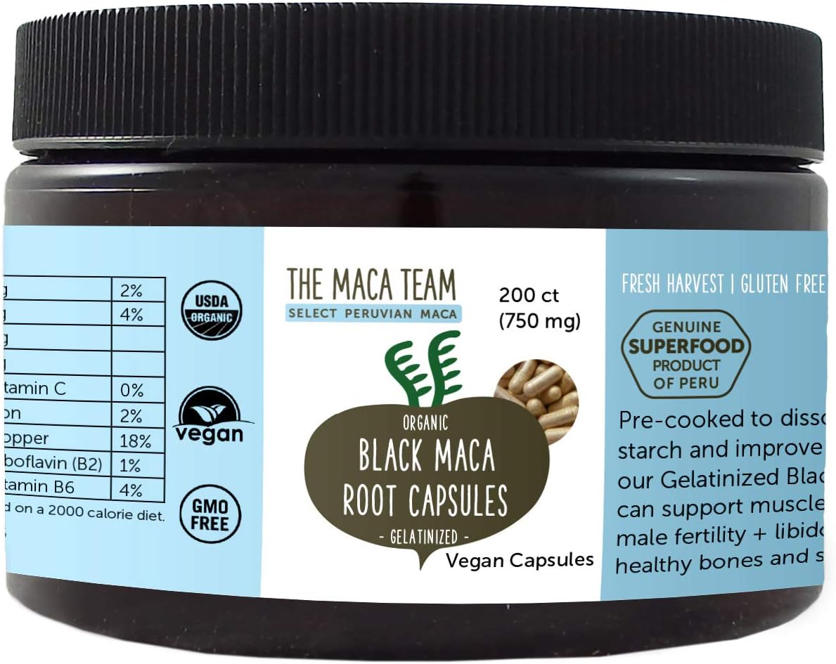 The Maca Team Organic Gelatinized Black Maca Root Capsules – Fair Trade, GMO-Free, Gluten-Free and Vegan, 750 mg, 200 Ct: Health & Personal Care