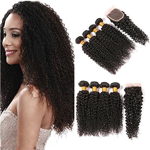 Brazilian Jerry Curl 4 Bundles with Closure 4x4 Mink Virgin Hair Extensions Medium Brown Bleached Knots 8a Free Part Top Lace Closure Kinky Curly Human Weaves 12 14 16 18 + 10