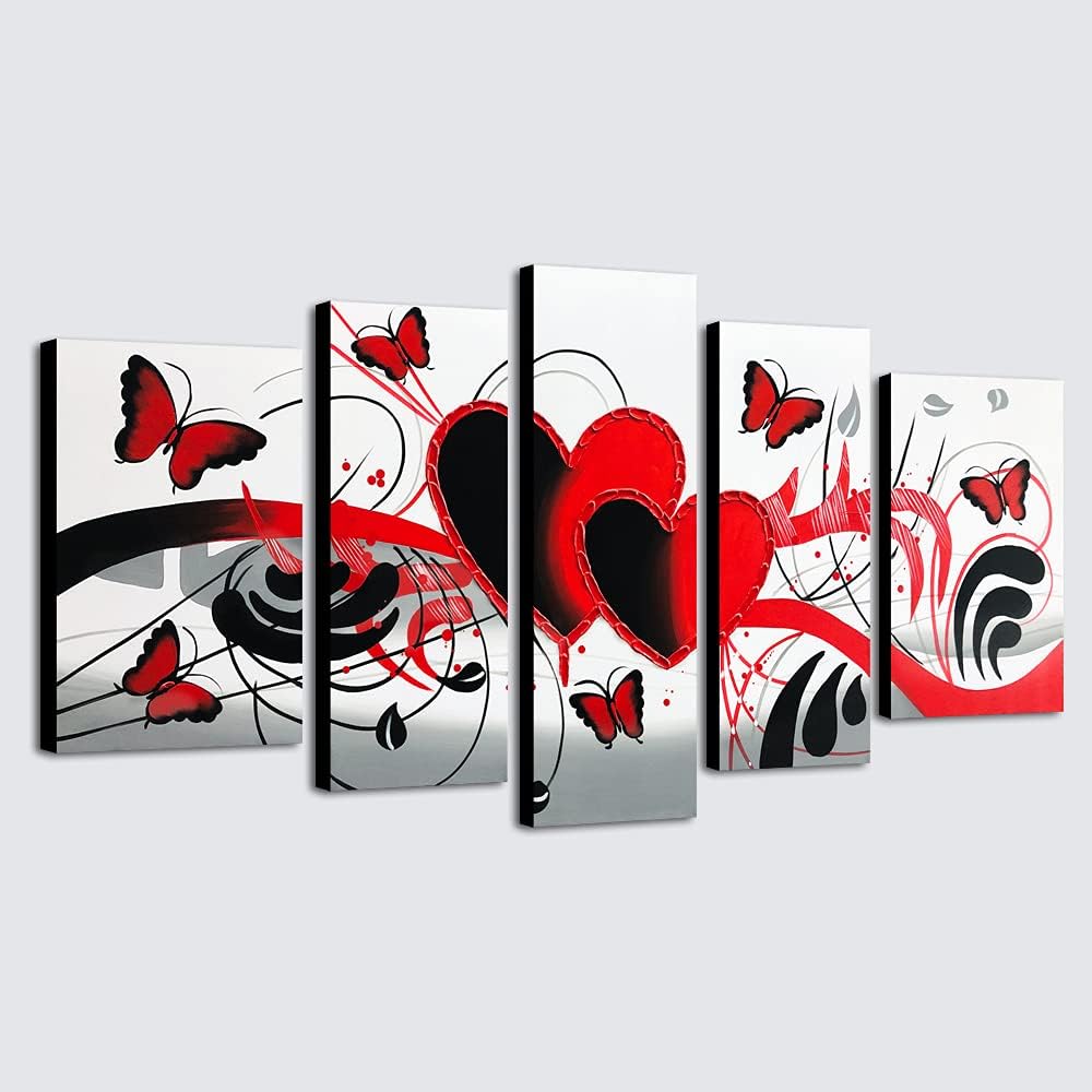 Paintings - Wieco Art Red Flower Love Butterfly Abstract Oil Paintings on Canvas Wall Art Ready to Hang for Living Room Bedroom Home Decorations Modern 5 Panels Stretched and Framed 100% Hand Painted Artwork