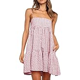 Wenrine Womens Summer Plaid Mini Dress Casual Spaghetti Strap Sleeveless A Line Beach Sundress with Pockets