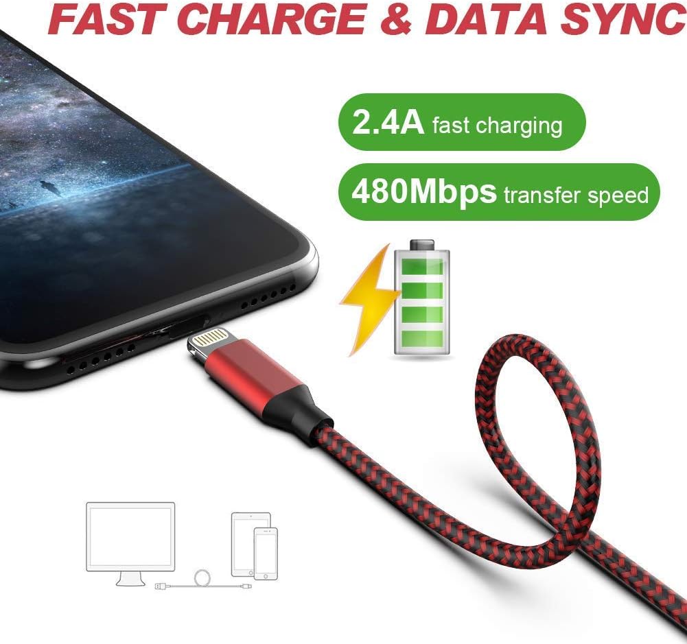 iPhone Charger [MFi Certified] Cable HOVAMP 5Pack[6/6/6/6/6FT] Nylon Braided Fast Compatible iPhone 12Pro/12/11Pro Max and More-Black&Red