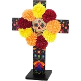 Dia De Los Muertos Decorations, Day of the Dead Altar Ofrenda Wooden Cross | Marigold Mexican Sign Decor Wall Art with Stand for Halloween sugar skulls Home Altar Table Wall Calaveras Ornaments Supply