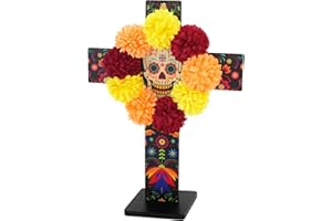 ERTIUANIO Day of the Dead Decorations, Dia De Los Muertos Altar Ofrenda Decorations, Wooden Marigold Mexican Cross Decor Wall Art with Stand for Dia De Los Muertos Home Altar Table Wall Decor Supplies