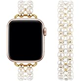 Elastic Pearl Beaded Band Compatible with Apple Watch 38mm 40mm 41mm, Woman Sparkling Bling Diamond Chain Solo Loop Stretch Bracelet Strap Replacement for iWatch Series 9 8 7 6 5 4 3 2 SE
