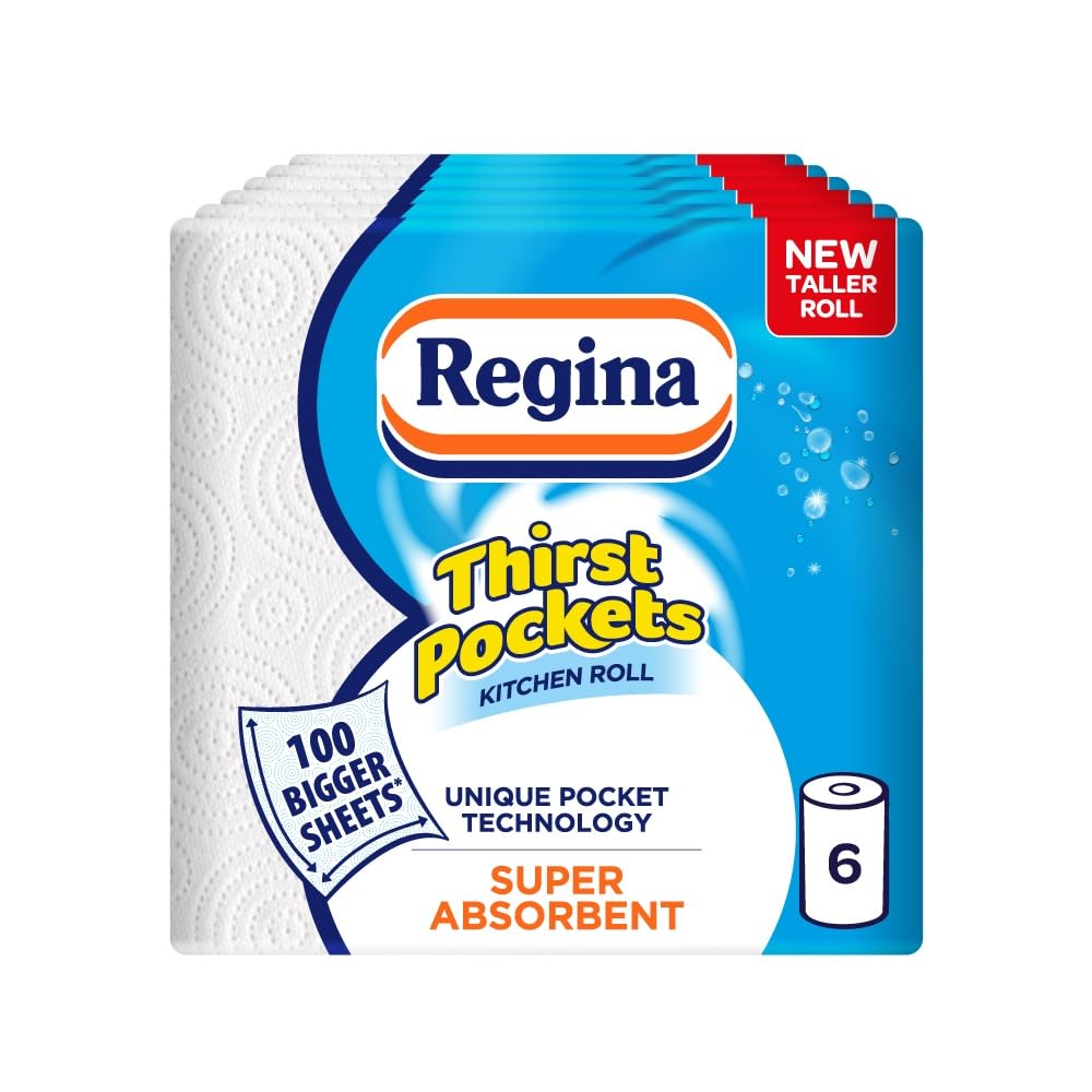 Regina Thirst Pockets Kitchen Roll - 6 Rolls, 600 Super Absorbent Sheets, Unique Pocket Technology, Your Ideal Kitchen Companion, FSC certified product