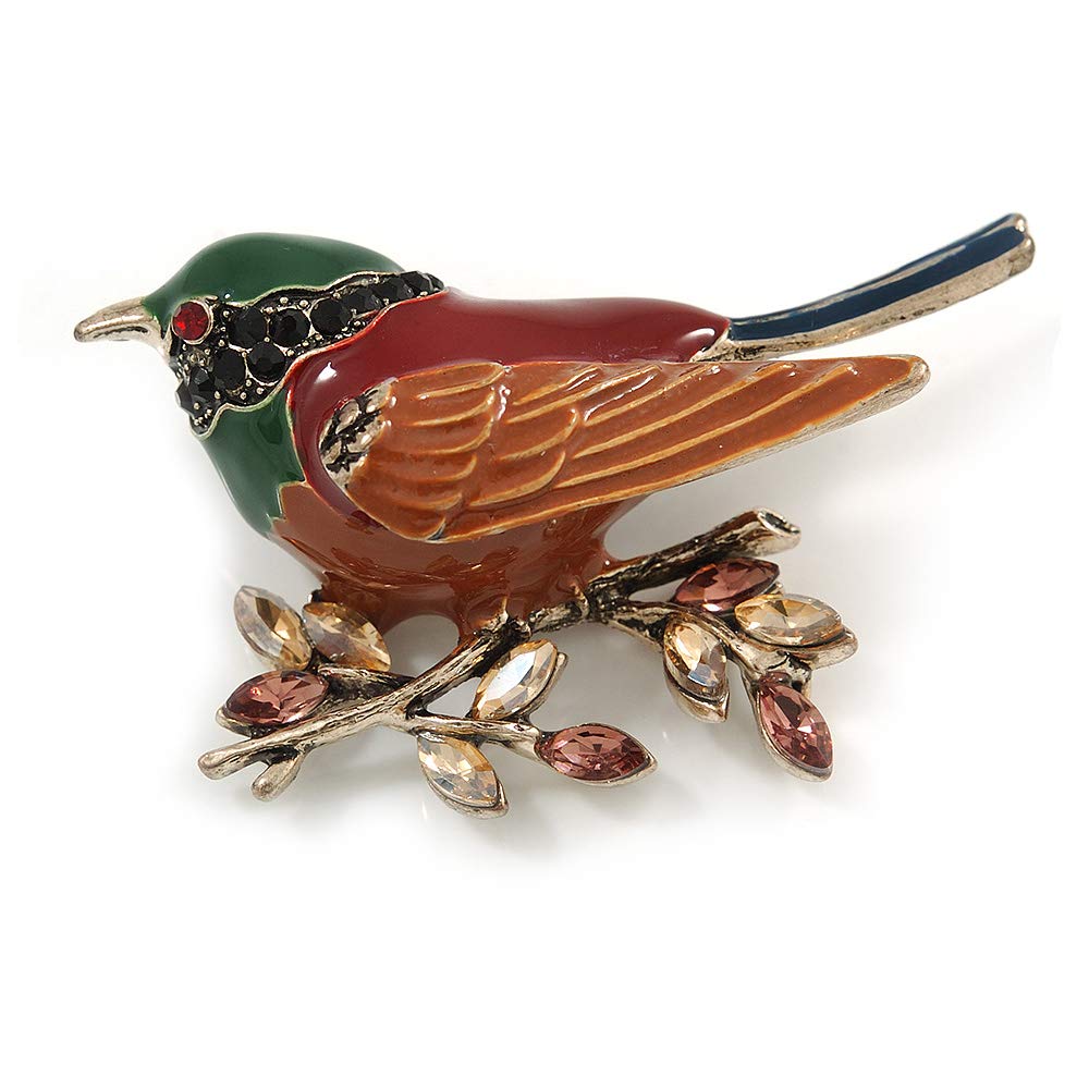 Brown/Green/Red Enamel, Crystal Robin/Bullfinch Bird Brooch In Aged Gold Tone - 55mm Across