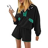 Fisoew Womens 2 Piece Sets Sweatsuits Casual Half Button Color Block Sweatshirts Running Shorts Tracksuits Fall Outfits