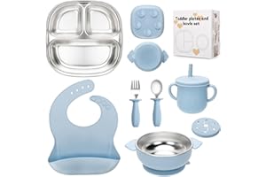 MISSLILI Stainless Steel Kids Plates and Bowls Set with Suction, Divided Baby Plate and Toddler Bowl with Removable Silicone Suction,Stainless Steel Weaning Bundle, Silicone Baby Feeding Set (Blue)
