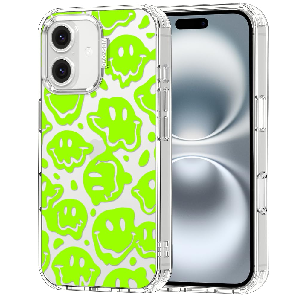 MOSNOVO Case for iPhone 16, [Buffertech 6.6ft Military-Grade Drop Protection] [Anti Peel Off Tech] Clear TPU Bumper Phone Case Cover Design - Distorted Green Smiles Face