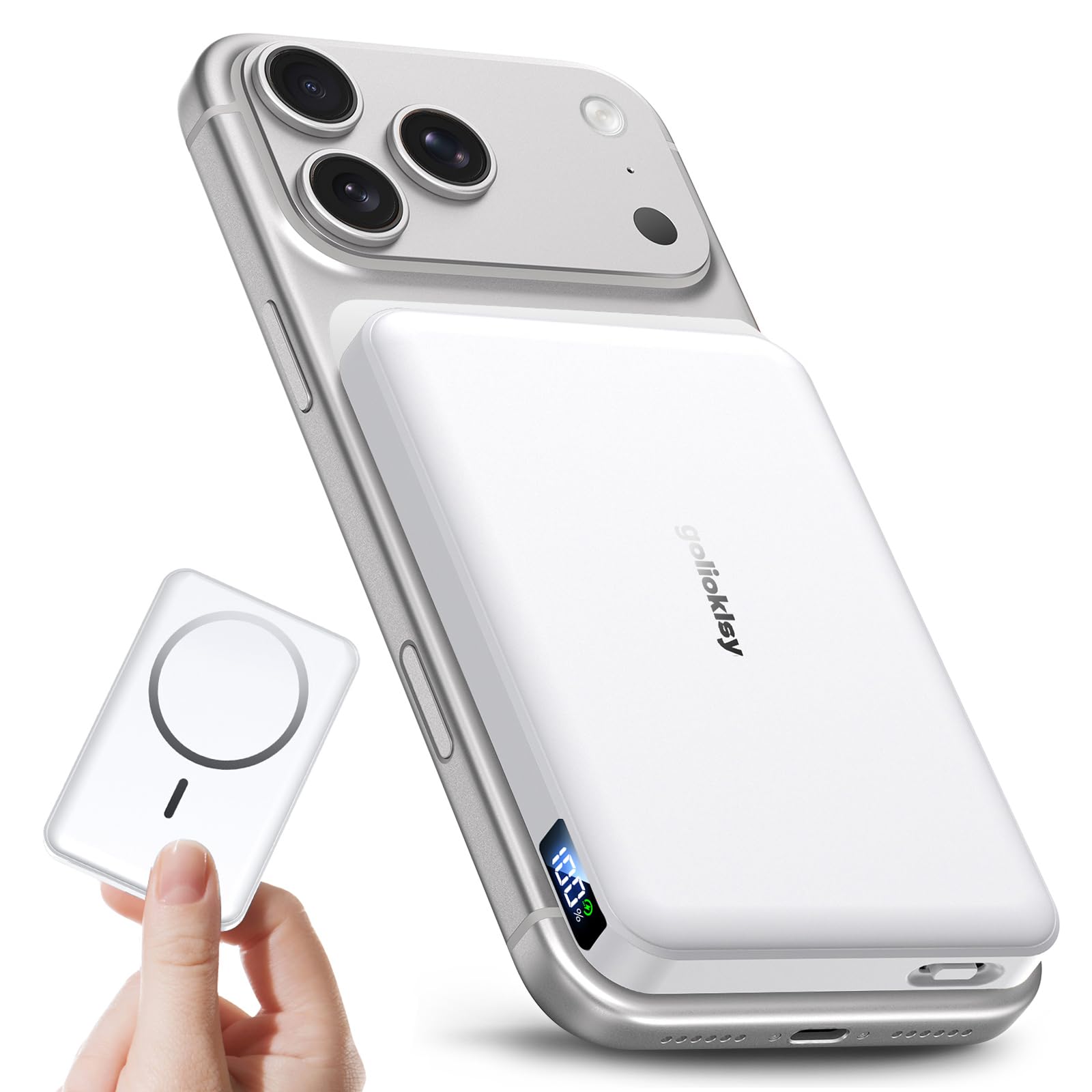 golioklsy for Magsafe Portable Charger, 10000mAh Power Bank with Type-C 20W PD Fast Charging, LED Display for Magsafe Battery Pack, Wireless Portable Charger for iPhone 17/16/15/14 All Series, White Image