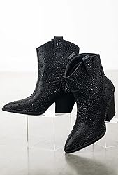 Women Rhinestone Block Chunky Heel Ankle Bootie