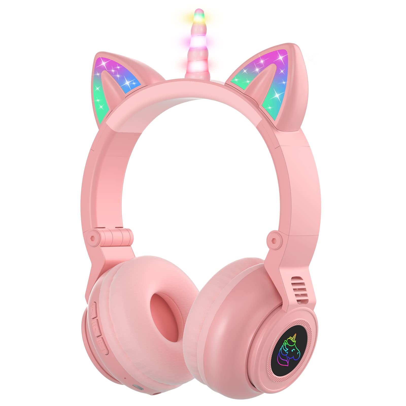 JYPS Unicorn Kids Headphones Wireless with LED Lights, Childrens Bluetooth Headphones Over Ear with Microphone and SD Card Slot, Wireless Girls Earphones for iPad/Kindle/Tablet(pink)