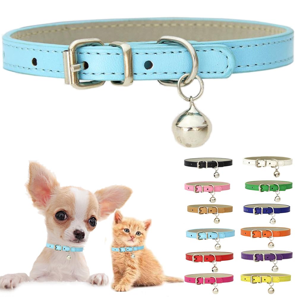 Photo 1 of Blue XXS Dog Collar with Bell, Soft Pu Leather Cat Collars Adjustable Buckle for XS Extra Small Medium Tiny Female Male Boys Girls Pets Puppy Kitten Teacup Yorkie XX-Small