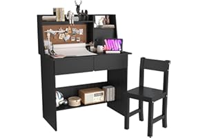 SFDOU Black Kids Desk and Chair Set for 5-12 Year Old, Childrens Drawing Desk with Wooden Tabletop Paper Roll Dispenser, Kids Study Table with Drawers and Storage Shelf-h79PmR