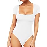 MANGOPOP Women's Square Neck Short Sleeve Long Sleeve Bodysuit Sexy Body Suits Shirt Slim Fitted Tops