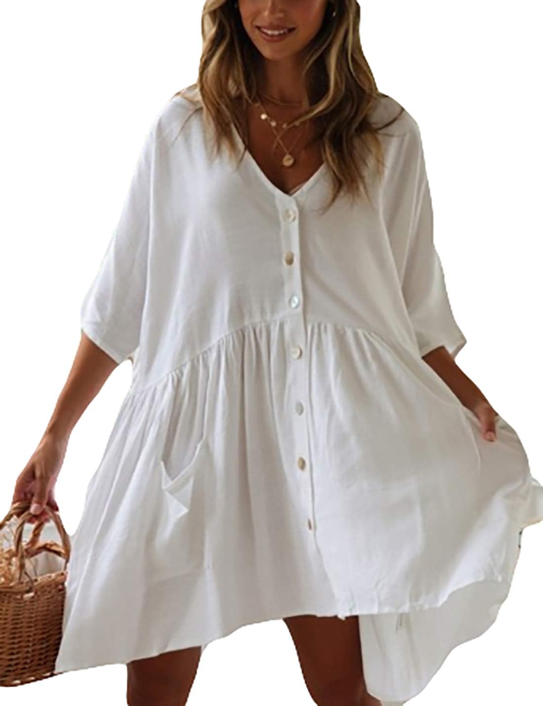 Women Casual Shirt Beach Cover Ups Rayon Button Down Blouse Tunic Dress