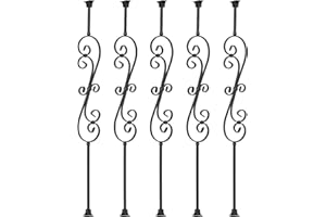 Gleefurny Balusters for Staircase Interior - Stair Railing Spindles, Hollow Square, 1/2 inch x 44 inch, Skinny Scroll Iron Banister and Swivel Shoes (Pack of 5), Satin Black