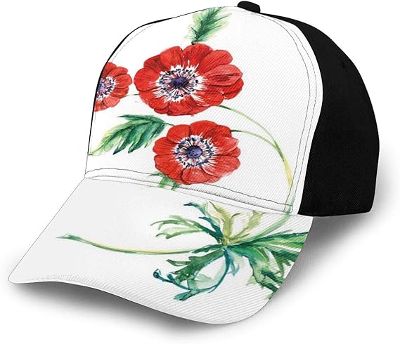 Men Women Adjustable Baseball Cap Hat Three Red Flowers in Watercolor