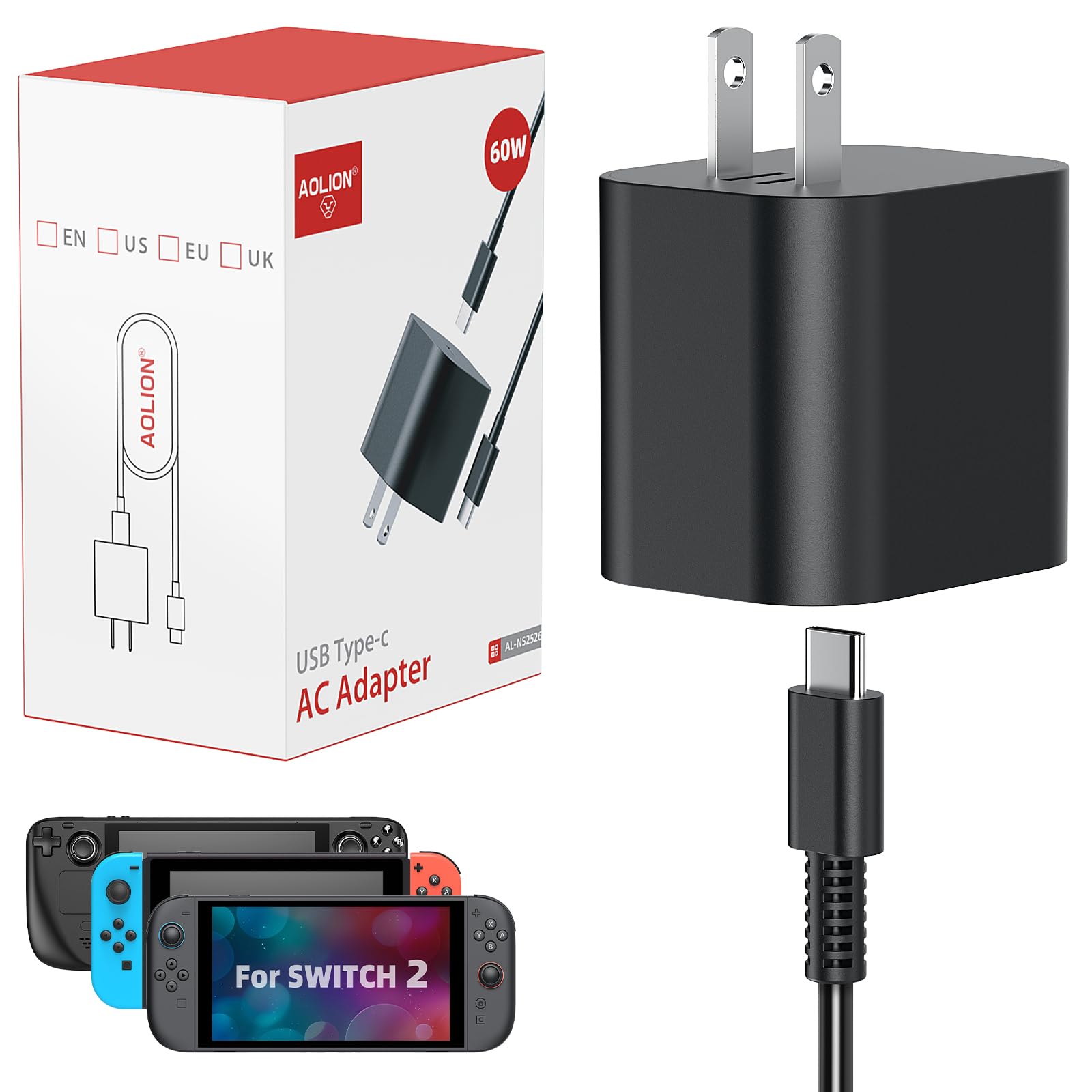 Switch 2 Charger - 60W AC Adapter Support 4K TV Dock, Fast Charger with PD3.0, 20V/3A for Switch2/1/OLED/Steam Deck, 5FT/1.5M Type-C Cable - [Replace Charger for Official NS 2]