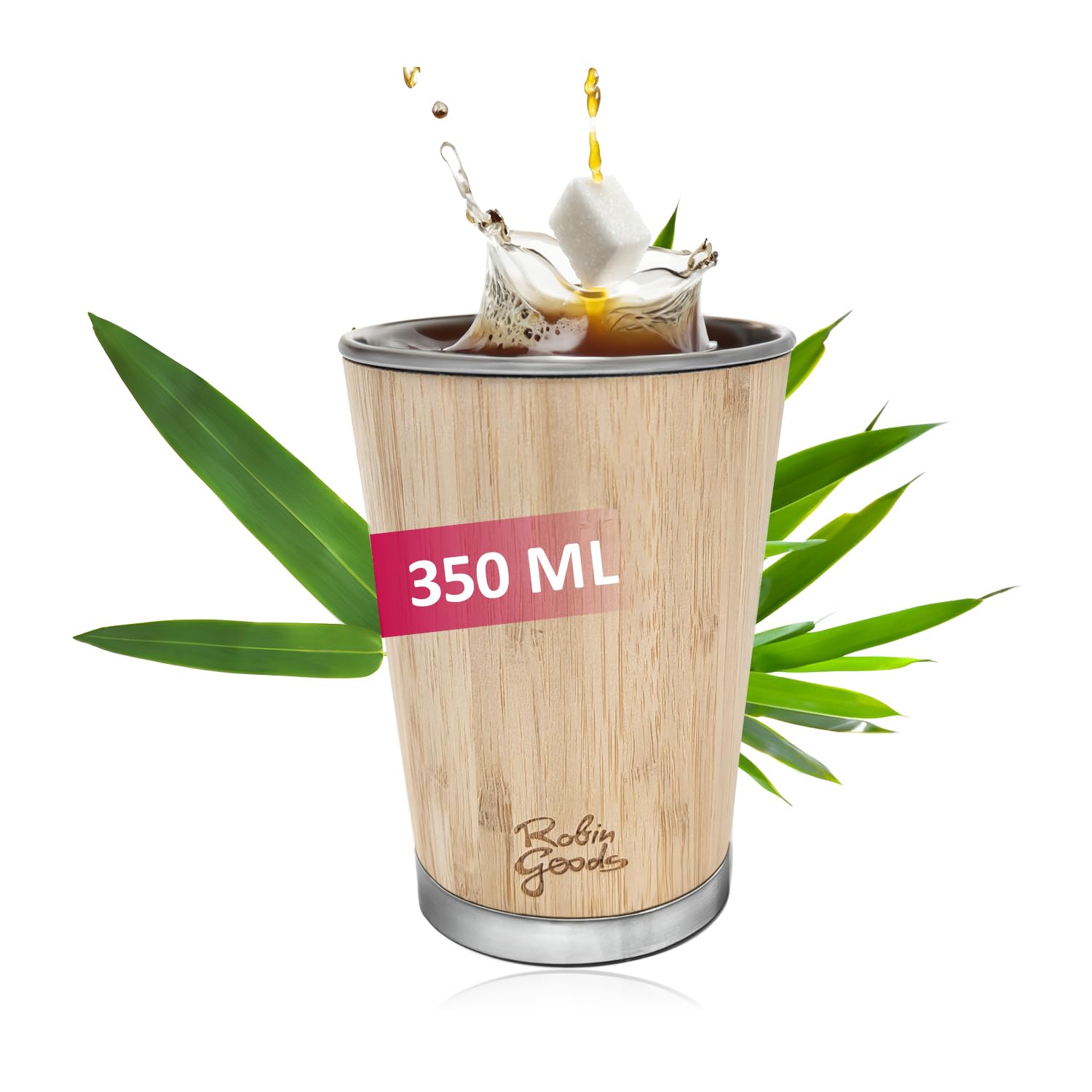 Robin Goods® drinking cup made of stainless steel and bamboo - premium mug 350 ml - camping mug - shatterproof and BPA-free