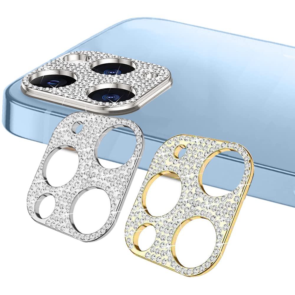 KONEE 【2 Pack Bling Camera Lens Protector Compatible with iPhone 13 Pro, [ Anti-Scratch ] Bling Diamond Camera Lens Cover Sticker Protector for iPhone 13 Pro (Gold + Silver)