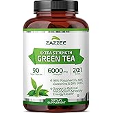 Zazzee Extra Strength Green Tea Extract 20:1, 6000 mg Equivalent, 50% EGCG, 98% Polyphenols, 80% Catechins, 90 Vegan Capsules, Certified Kosher, 3 Month Supply, Antioxidant Support, Made in The USA