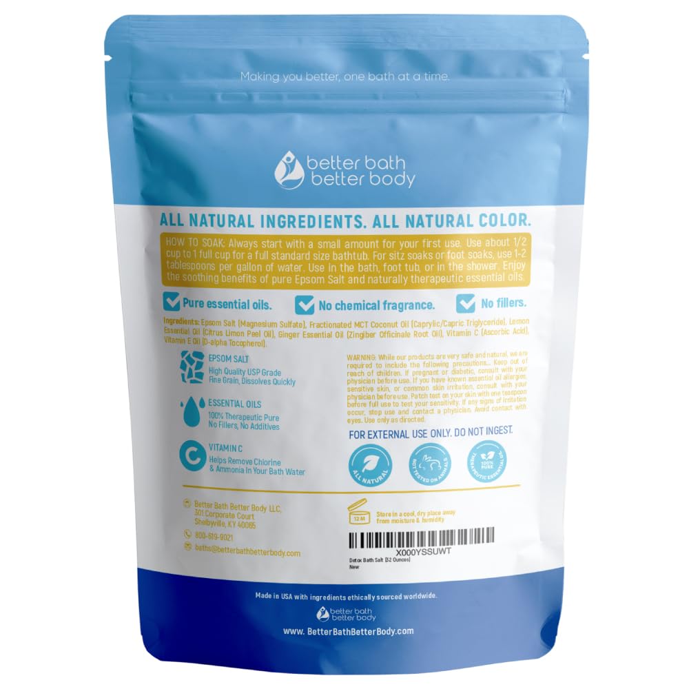 Detox Bath Salt 32 Ounces Epsom Salt with Natural Ginger and Lemon Essential Oils Plus Vitamin C in BPA Free Pouch with Easy Press-Lock Seal