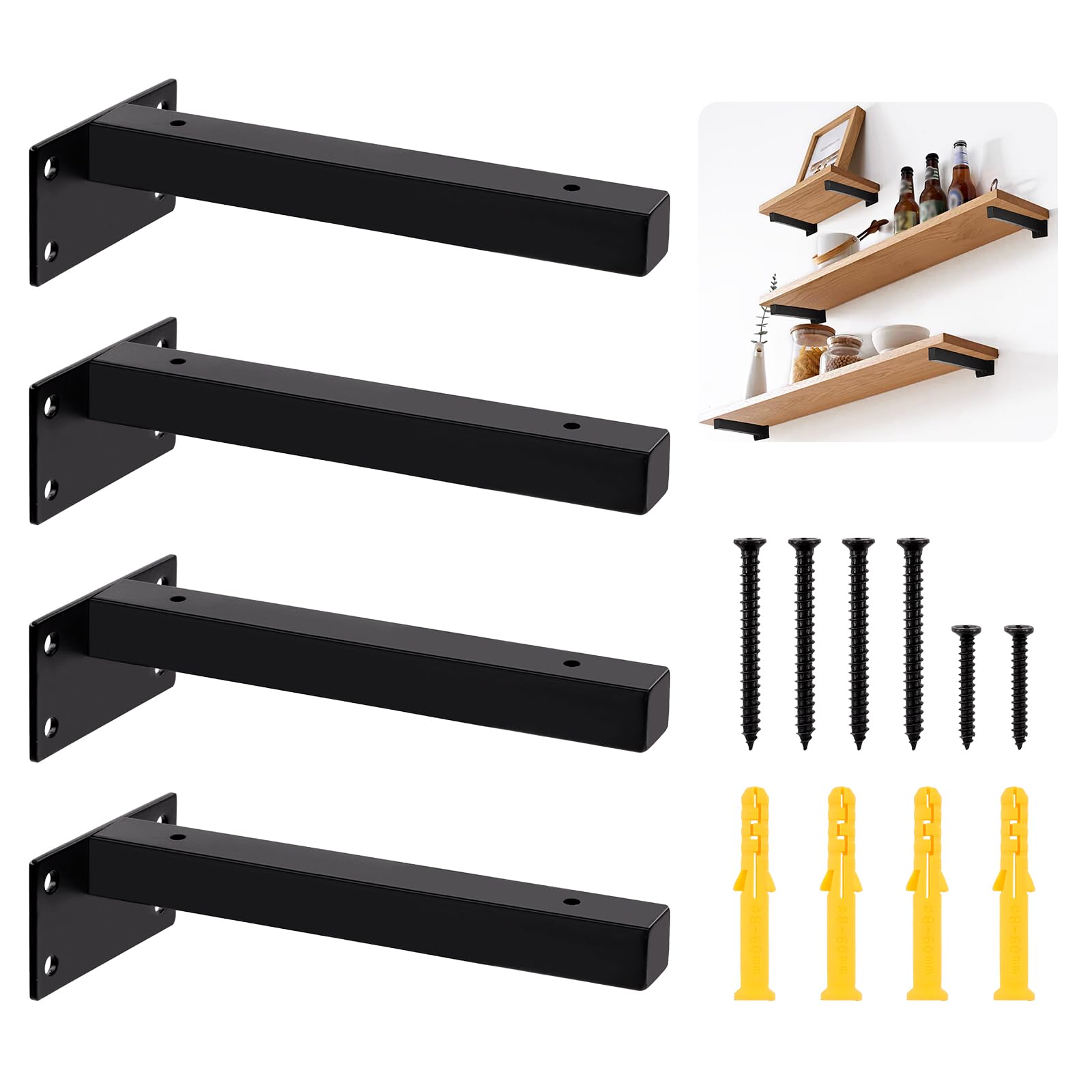 Mardatt 4Pcs 8” Black Shelf Bracket with Screws and Anchors, Floating Shelf Brackets Heavy Duty Shelf Supports Mounted Shelf Brackets Hidden L Shelf Bracket for Shelves Support