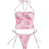 Floerns Women's 2 Piece Swimsuits Floral Ruched Halter Bikini Tie Side Bathing Suit
