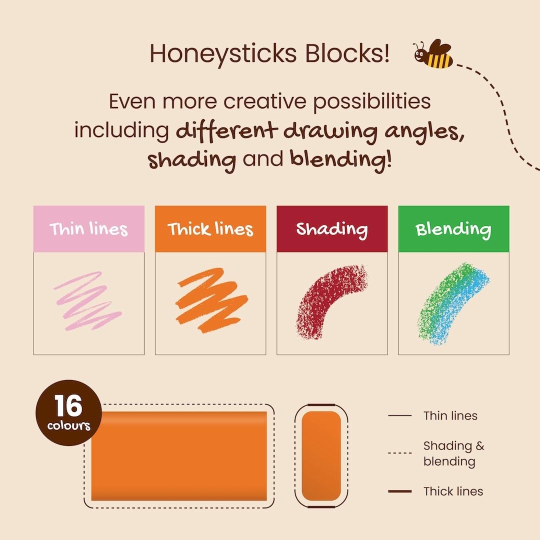 Honeysticks Block Crayons (16 Pack), Non-Toxic, Long-Lasting Jumbo Crayons for Kids, Toddlers, Made from Pure Beeswax and Food-Grade Colors, Ideal for Preschool Art Supplies