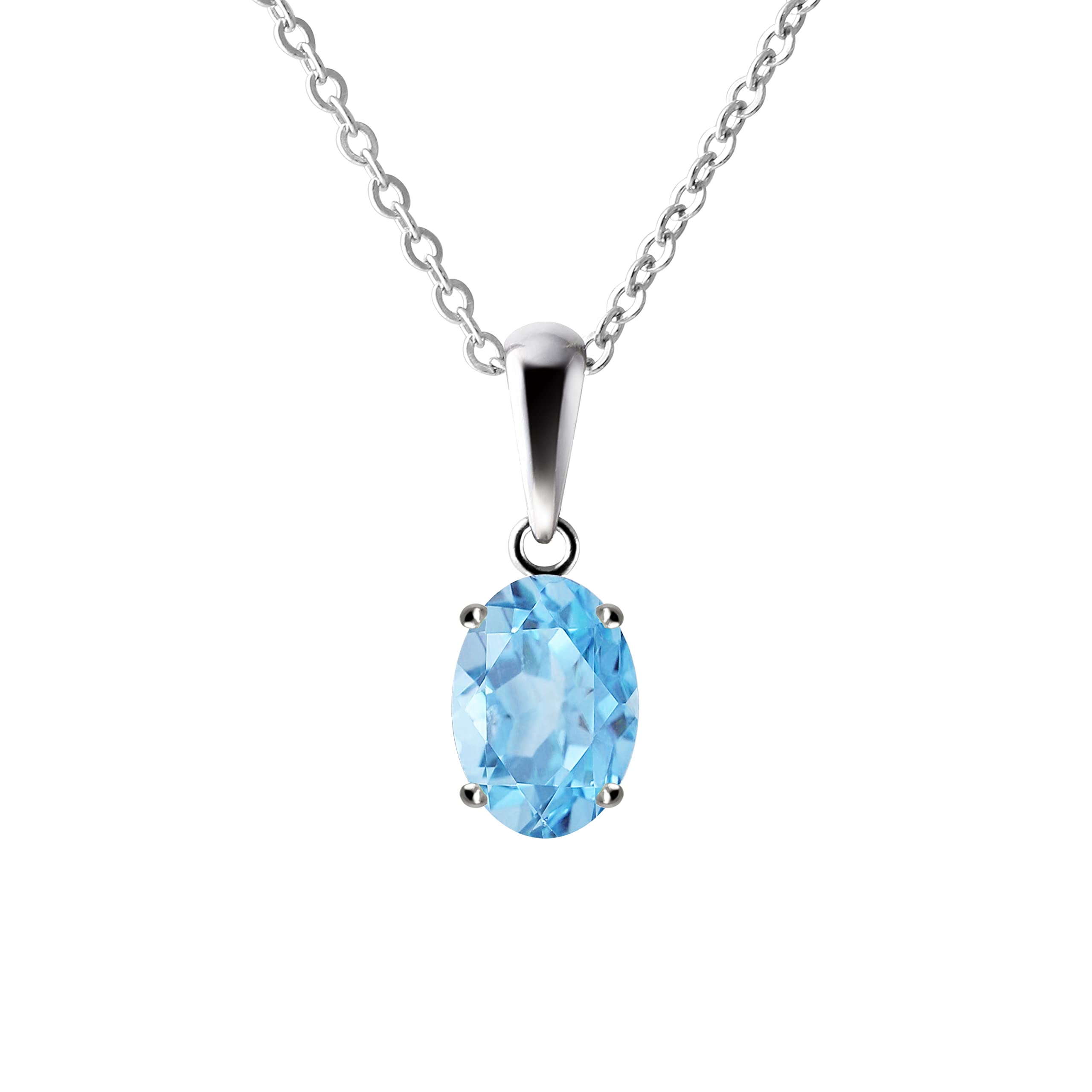 Franki Baker Sterling Silver Small & Dainty Oval Natural Swiss Blue Topaz Gemstone Pendant Necklace. Length: 50cm. Pendant Length with bale :1.2cm